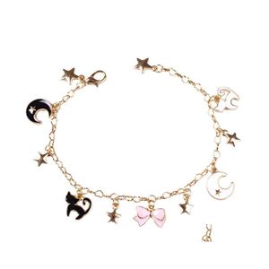 Bedelarmbanden japenese zeiler maan sterren schattige zwarte katten roze sakura bloem charmes armband voor kinderen druppel levering sieraden dhdc4