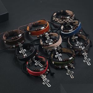 Bedelarmbanden Jezus Cross Charm Blacelet Wood kralen String verstelbare mtilayer wrap lederen armbanden bangle manchet voor vrouwen mannen fa dh2nt