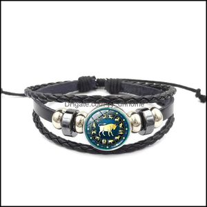 Bracelets de charme Bijoux 12 Constellation avec cabochon en verre Signes du zodiaque Balance Capricorne Bracelet en cuir véritable Bracelet pour hommes femmes cadeau