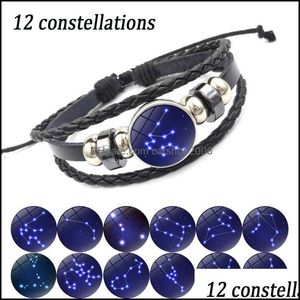 Bracelets à breloques Bijoux 12 Bracelet du zodiaque avec cabochon en verre en cuir véritable Constellation Signes Mtilayer Bangle Drop Delivery 2021 Mhuvp
