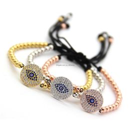 Pulseras con dijes Joyería Pulseras de rame trenzadas 4 mm Sin desvanecimiento Cuentas de bronce Tejido redondo Color azul Ojo Cubic Zirconia Entrega de gotas Dhvoo