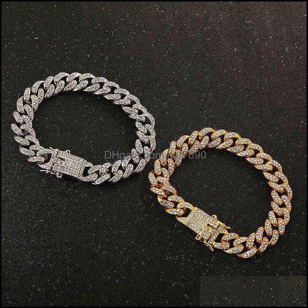 Pulseras de encanto Joyería Marca Moda de lujo 12 mm Hielo Out Cuban Link para mujer Gold Bling Strass Pulsera Drop Entrega 2021 KN43W