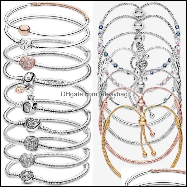 Pulseras con abalorios, joyería de moda, pulsera de plata de ley 925, broche de barril de flor rosa dorada, cadena de serpiente, regalo para mujer, envío directo 2021 Mxcer