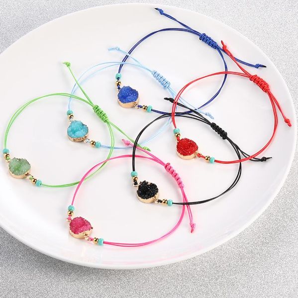 Pulseras con dijes, joyería hecha a mano, pulsera de piedra de resina Druzy, tarjeta de deseo, brazaletes trenzados de cuerda de cera con gota de arroz, entrega 2021 Bxry