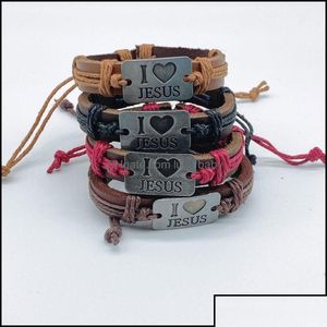 Bracelets de charme bijoux I Love Jesus Leather Corde en cuir fait à la main ALLIAGE ALLIAGE ALIMENTABLE ALIMENT