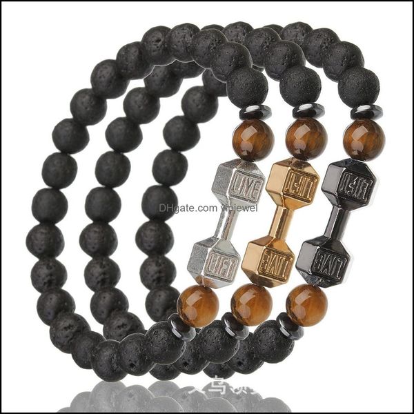 Charme Bracelets Bijoux Pierre De Lave Sier Or Haltère Tigre Perle Bracelet Diy Huile Essentielle Diffuseur Pour Wo Dhty3