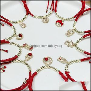 Bedelarmbanden sieraden Lucky Tiger/Fish/Cat/Gourd/Crab/Blessing Bag Gold Plated Beads Red Rope Weave Braid DH3WH