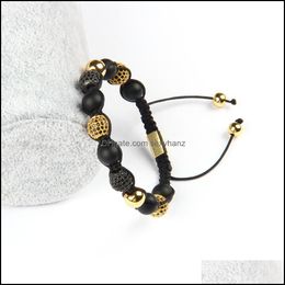 Bracelets porte-bonheur bijoux hommes en gros 10 Pcs/Lot 8 Mm perles de pierre d'agate mate naturelle avec Micro pavé noir Cz boule Rame Bracelet goutte Dh7Gn