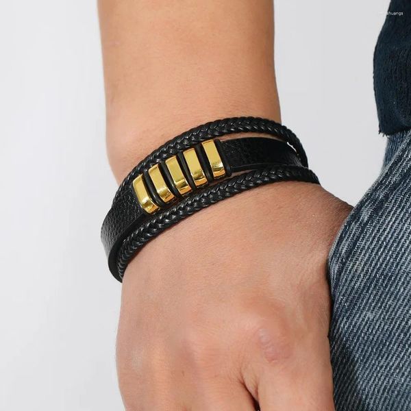 Pulseras con dijes Joyería Pulsera de cuero tejida multicapa para hombres Hebilla magnética simple y de moda Estilo punk Accesorios para hombres