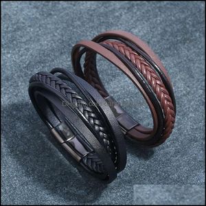 Bracelets de charme bijoux simples tissés à la main en cuir Mtilayer en acier inoxydable noir marron bracelets de roche Je Dhnse