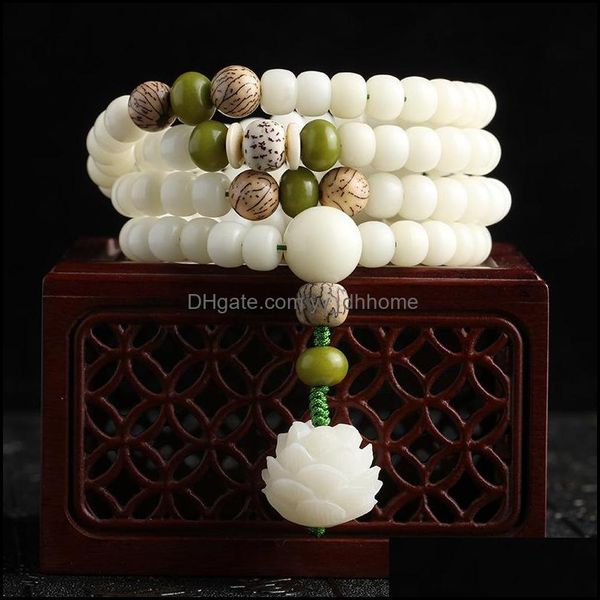 Bracelets de charme Bijoux Blanc Bodhi Bracelet à main 108 Chapelet Bouddhiste Perles Lotus Pendentif Cadeaux littéraires pour les amoureux ou les amis Drop D