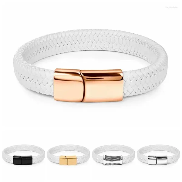 Pulseras de encanto Jiayiqi 2024 Chic Trenzado Hombres Pulsera Cuero Blanco Titanio Acero Cierre Joyería Masculina Color Oro Plata