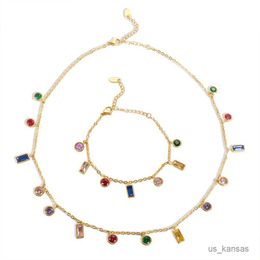 Bracelets à breloques JINHUI arc-en-ciel collier en cristal de luxe pour femmes mode rond carré coloré Zircon bracelet à breloques en acier inoxydable ensemble de bijoux R230713