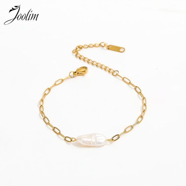 Bracelets de charme Joolim bijoux haut de gamme Pvd en gros non ternir élégant irrégulier perle d'eau douce pendentif Bracelet en acier inoxydable pour les femmes 230821