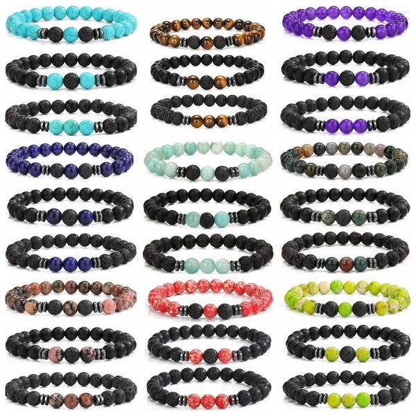 Pulseras de encanto Joya Regalo 3pcs Cuentas de piedra de lava con cuentas para mujeres Hombres Ansiedad Volcanie BangleCrystal Chakra Joyería de piedras preciosas