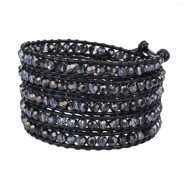 Bracelets de charme Kelitch Perles de cristal noir à la main 5 Wrap Strand Bracelet en cuir Bracelets Bijoux Femmes Hommes Couple Chaîne