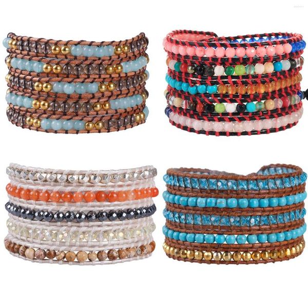 Pulseras con dijes KELITCH, cuentas de piedra de cristal coloridas, pulsera de cuero con 5 envolturas para mujeres, brazalete de amistad para niñas, regalos de joyería de moda