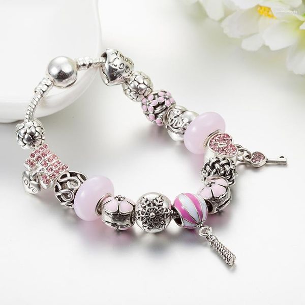 Bracelets porte-bonheur serrure à clé ballon à Air mode perle de cristal rose pour les femmes bijoux à bricoler soi-même Fit B17032Charm Raym22