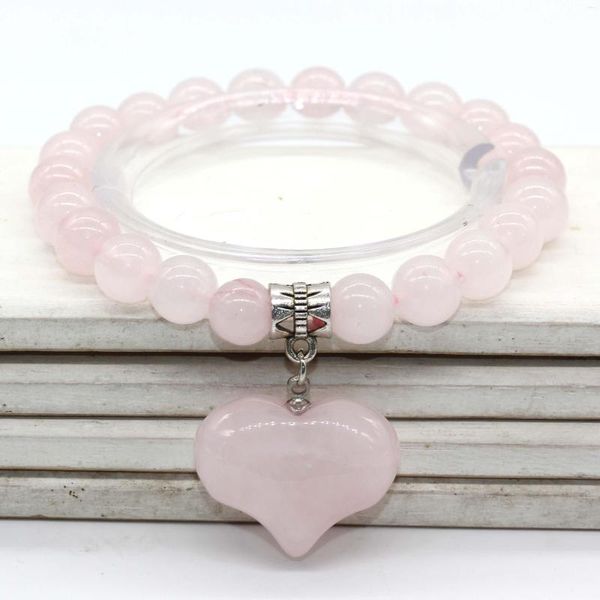 Pulseras con dijes KFT Natural 8 Mm Cuentas redondas Cuelgan en forma de corazón Amatista Cuarzo rosa Piedra Con cuentas Pulsera de yoga Hombres Mujeres Cuerda elástica