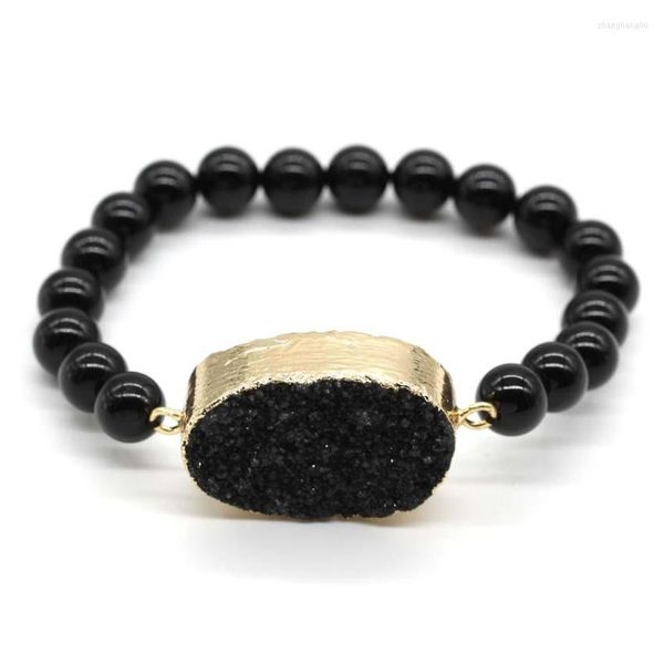 Bracelets porte-bonheur KFT Agate noire naturelle 8 mm perles rondes en vrac avec cristal enduit de titane forme ovale Bracelet en pierre bijoux pour cadeau