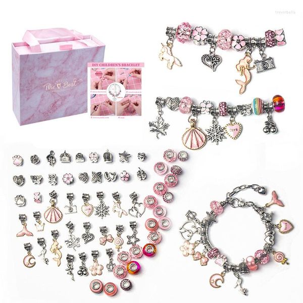 Pulseras con abalorios, conjunto rosa de dibujos animados para niños, joyería hecha a mano Diy, pulsera para niños, cuentas exquisitas para mujeres, caja de regalo para niñas