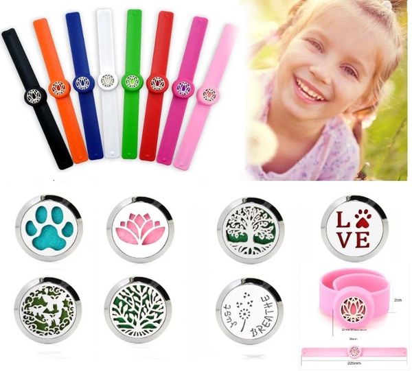 Pulseras de encanto Niños Difusor de aceite esencial Pulsera de silicona Slap Pulsera Niños 25 mm Locket Bangle10pcs Almohadillas gratis