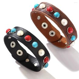 Bracelets porte-bonheur Kirykle Bracelet en cuir pour femme rétro Punk peau de vache incrusté de pierre Turquoise rouge Couples bijoux cadeau