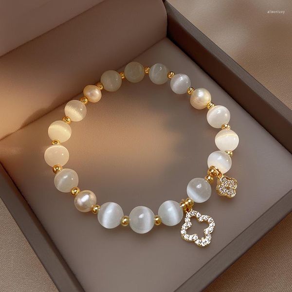 Pulseras con dijes, pulsera de cristal Natural Kirykle para mujer, piedra de ópalo blanco, perla, moda, trébol de cuatro hojas de la suerte, joyería para mujer