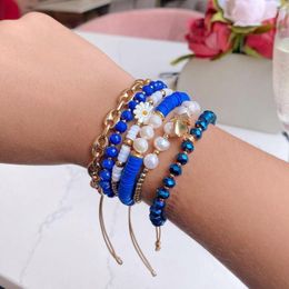 Bracelets porte-bonheur KKBEAD bleu foncé polymère argile Heishi Bracelet perles de cristal vraie perle marguerite pile or couleur chaîne bijoux pour femmes