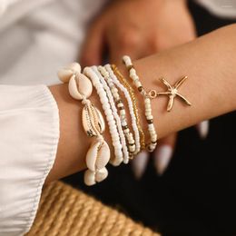 Charme pulseiras kmvexo 7 pçs/set estilo boêmio starfish grânulos trançado pulseira verão praia concha conjunto feminino boho jóias acessórios