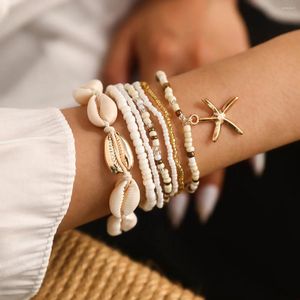 Bracelets de charme KMVEXO 7pcs / Set Style Bohème Perles d'étoile de mer Bracelet tressé Summer Beach Shell Set Accessoires de bijoux Boho pour femmes