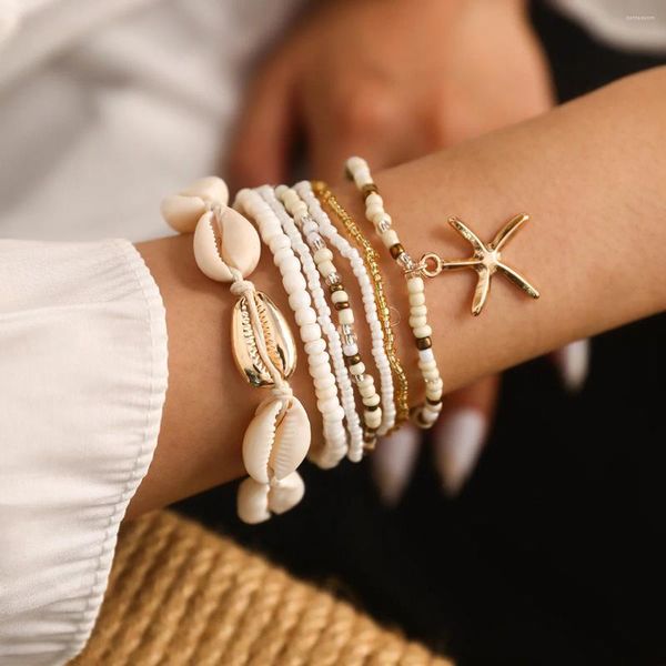 Pulseras con dijes KMVEXO 7 unids / set Estilo bohemio Cuentas de estrella de mar Pulsera trenzada Conjunto de conchas de playa de verano Accesorios de joyería Boho para mujer