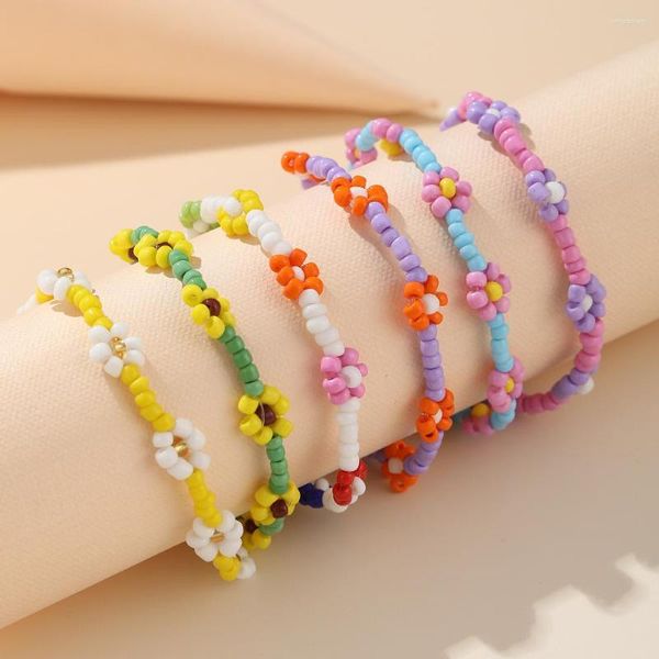 Pulseras con abalorios, pulsera elástica hecha a mano con cuentas coloridas transparentes de Margarita de flores bonitas coreanas para mujer, joyería