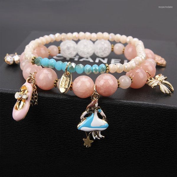 Pulseras de encanto Coreano Danza Chica Pulsera de cristal Conjunto de 2 piezas de mujer Moda con cuentas Abalorios Pulseras Bransoletki Pulsera