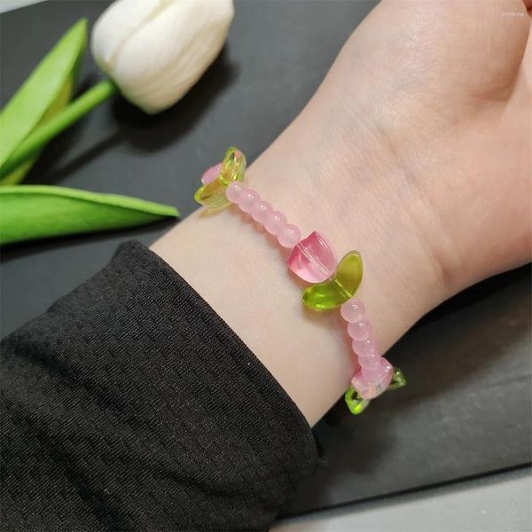 Pulseras de encanto coreano elegante resina rosa tulipán para mujeres dopamina coloridas cuentas de flores pulsera niñas joyería regalos de fiesta al por mayor