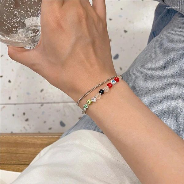 Bracelets de charme Fashion colorée Bracelet à double chaîne de fleur en perles colore