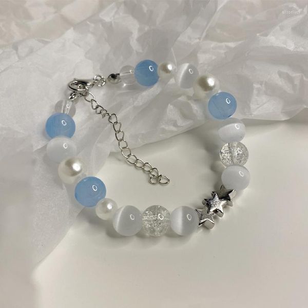 Pulseras con dijes, moda coreana, cuentas azules reflectantes, estrella, pentagrama, pulsera para mujer, dulce Harajuku, accesorios estéticos, joyería