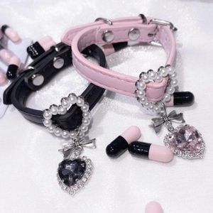 Bracelets porte-bonheur mode coréenne strass étincelants perle amour coeur bracelet à breloques pour femme Harajuku Y2K rose noir bracelet en cuir