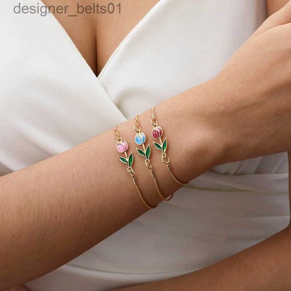 Pulseras con dijes Pulsera de flor de tulipán de lujo ligera coreana, pulseras con dijes de flores coloridas esmaltadas de estética Vintage para mujer, regalo de joyería de fiestaL231214