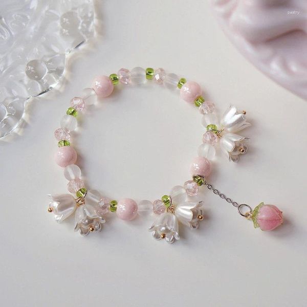 Pulseras de encanto Pulsera de flor de tulipán de lujo coreano para mujeres Brillante Zircon Opal Pearl Beaded Rose Ajustable Joyería de moda