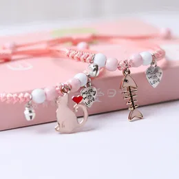 Pulseras de encanto Coreano Pink Cat y Fishbone Couples Pulsera para mujeres Hombres Lindo Dibujos animados Animal Flor Niños Estudiante Amistad Joyería