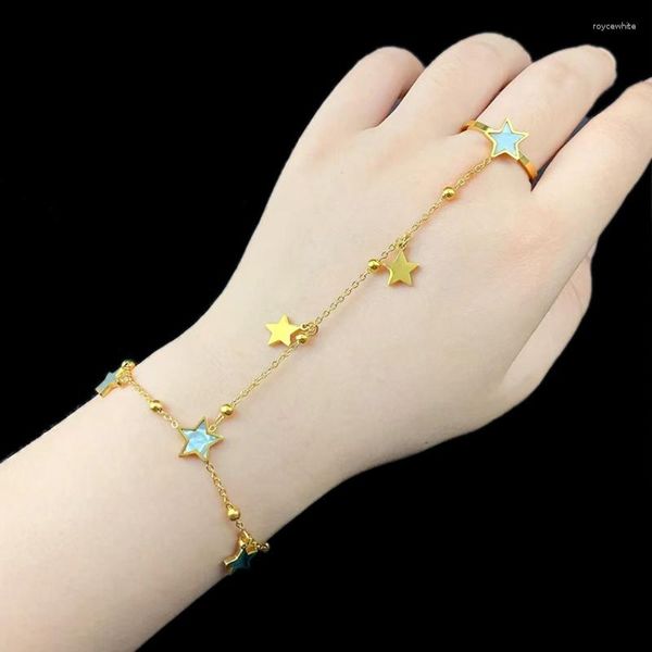 Pulseras con abalorios, pulsera de pentagrama de estrella de concha de tendencia coreana con anillo, mano trasera de Color dorado Vintage para mujer, accesorios de joyería