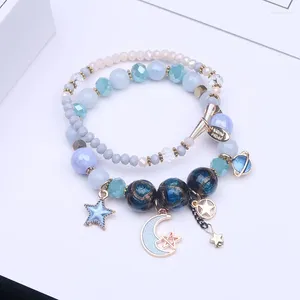 Pulseras con dijes Versión coreana de la estrella y la luna Pulsera con cuentas para mujeres Bailarina Mujer Conjunto de 2 piezas Estudiante Multi-Hecho a mano