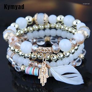 Pulseras de encanto Kymyad Bohemio para mujeres Cuentas de cristal Pulsera de plumas multicapa