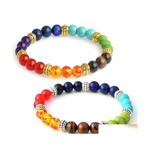 Pulseras con dijes Lava Rock Cuentas de piedra Pulsera elástica para mujeres Hombres Joyería de moda 7 Chakra Yoga Brazalete Piedra preciosa natural B366S F D Dhxte