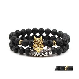 Bedelarmbanden Lavasteen Armband Dier Wolf Hoofd Mode Zwart Frosted Vulkaan Kralen Mannen Dh Drop Levering Sieraden Dhrhy