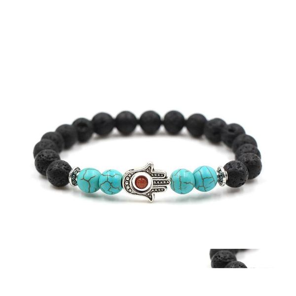 Pulseras con dijes Pulsera de piedra de lava Mano de Fátima Hamsa Mala Black Evil Eye Amet Bead Drop Entrega Joyería DHIB5