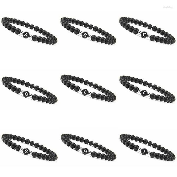 Bracelets à breloques Bracelet en pierre de lave Lettre initiale lisse Perle noire pour hommes femmes fille 6 MM