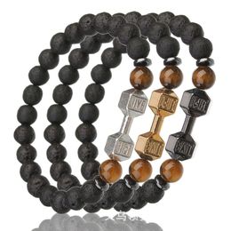 Bracelets de charme Pierre de lave Sier Gold Haltère Tiger Perle Bracelet DIY Diffuseur d'huile essentielle pour femmes hommes bijoux Drop Deli Dhgarden Dhgwe