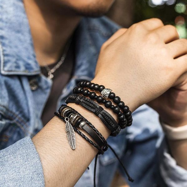 Pulseras con dijes de cuero en capas y cuentas Chians con plumas para hombres, juegos de cadenas de mano Retro de moda 2023, accesorios de joyería de moda para hombres